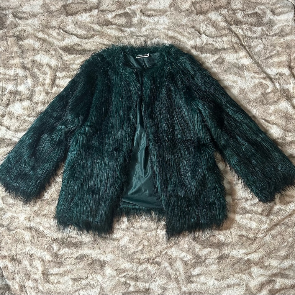 Noisy May Faux Fur Jacket Green Lined